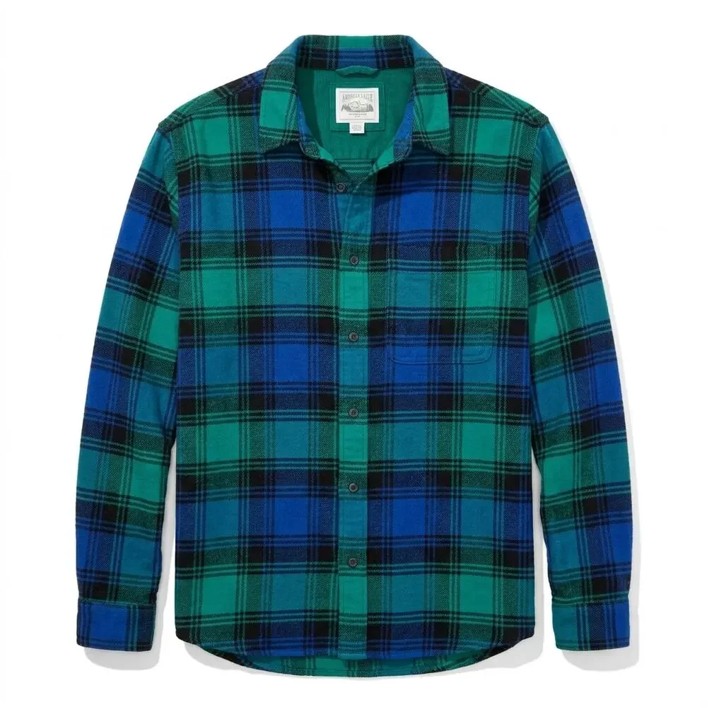 American Eagle Collared Blue Plaid Flannel Button-Up Shirt Women Size M